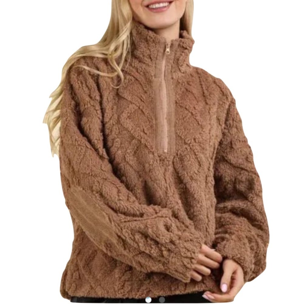 New In half zip pullover fleece cable pattern brown 2X